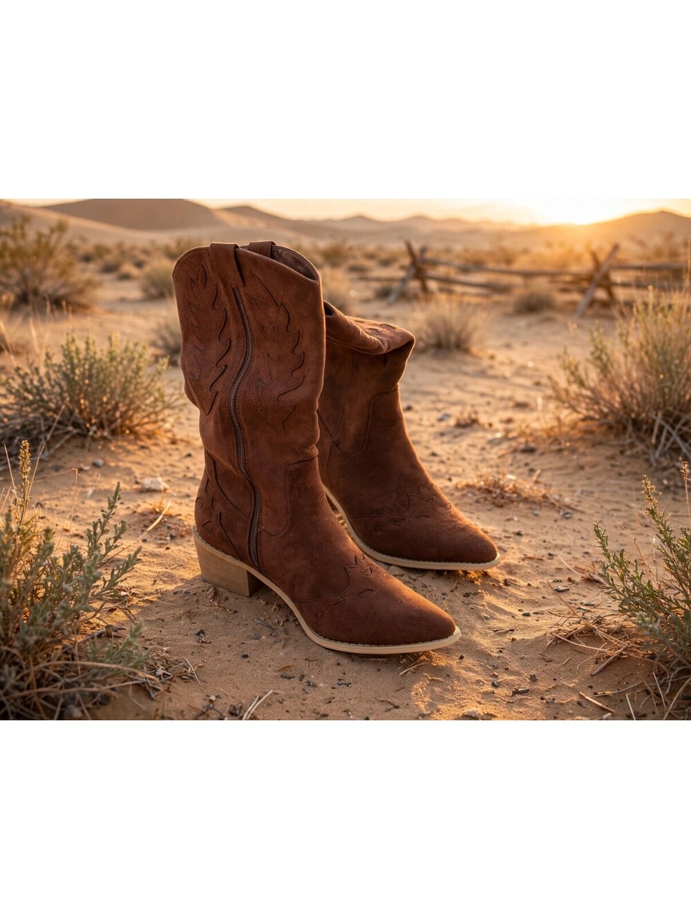 SHIBEVER Brown Cowboy Boots Womens US 8 Suede Embroidered Western Pointed Toe